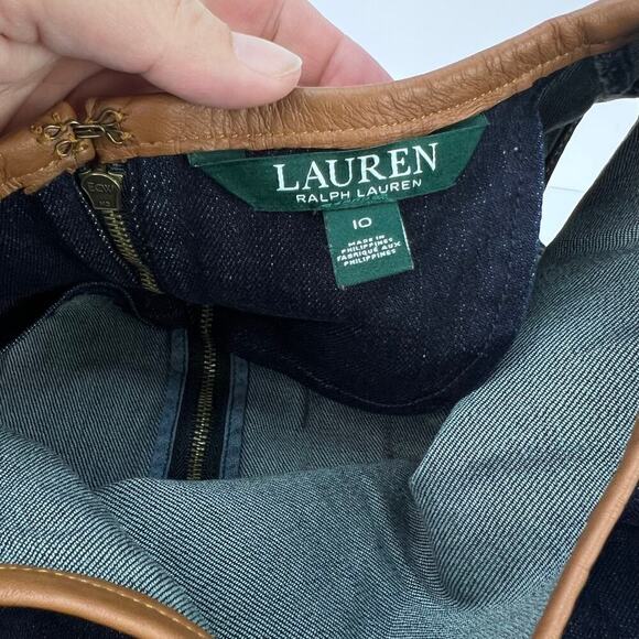 Ralph Lauren Dianva Women's Dark Wash Denim Shift Sheep Leather Trim Dress 10 - Picture 8 of 11